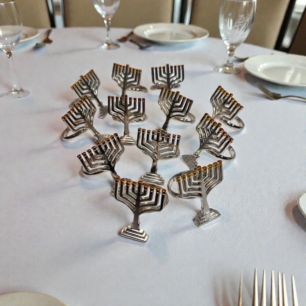 Vintage Pier 1 Menorah Napkin Rings Set of 12,  Silver Gold Hanukkah Table Decor